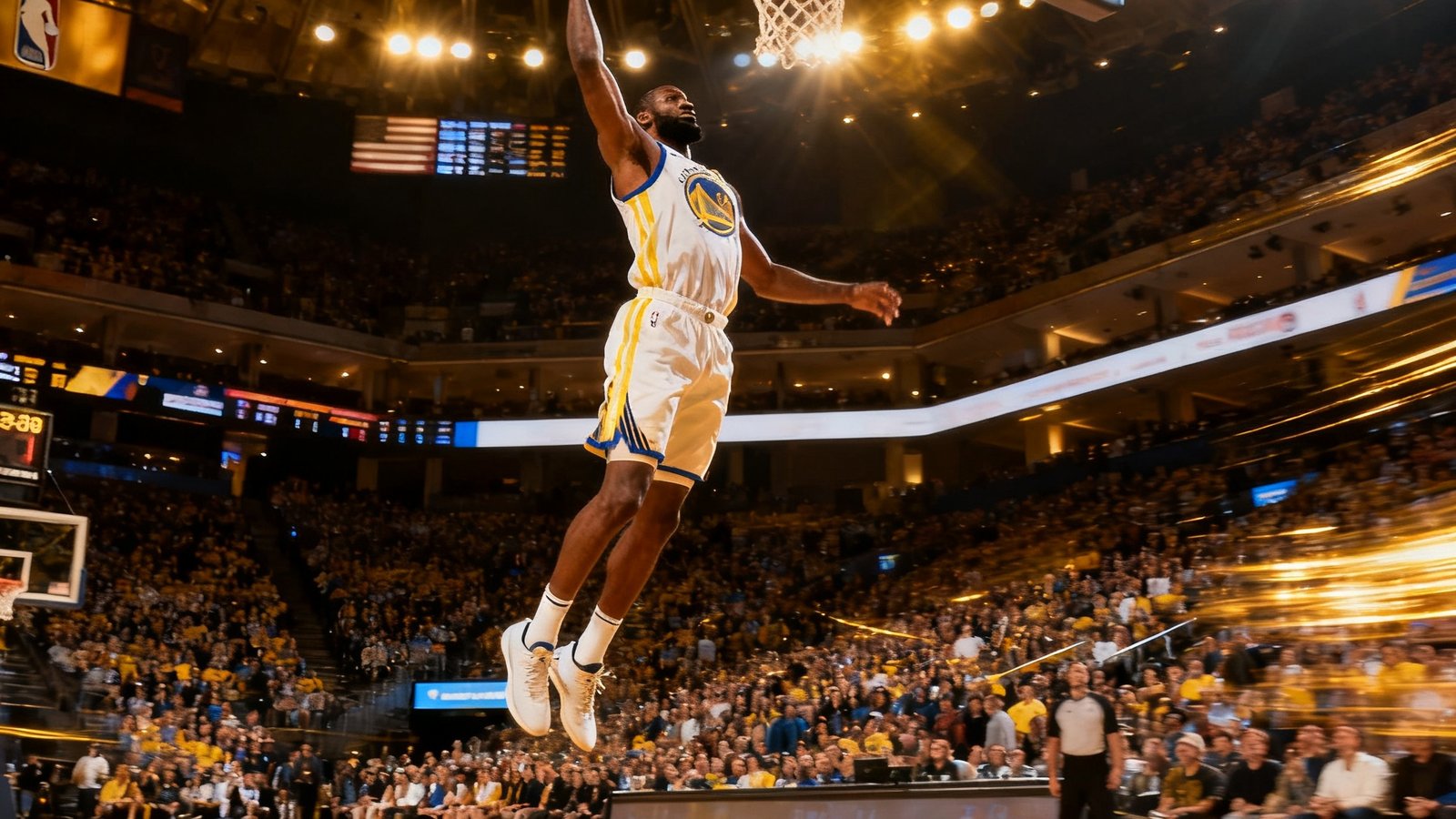 NBA季后赛精彩瞬间，球员飞跃扣篮动作定格在空中，球馆灯光璀璨观众席爆满
