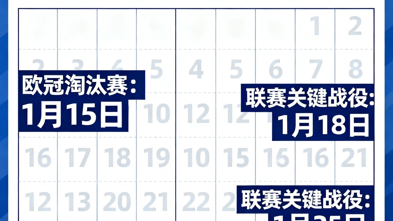 2025年1月赛程日历概览图，日历网格中标注了多场重要比赛日期，包括欧冠淘汰赛和联赛关键战役